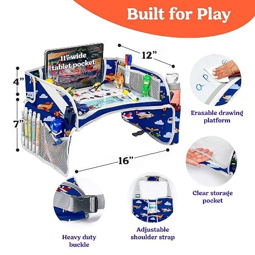 PILLANI Kids Travel Tray for Car - Toddler Airplane Travel Essentials w/ Activity Sheets, Pens & Dry Erase Board - Kids Travel - Must Have Toddler Lap Desk Organizer for Airplane - Travel Accessories thumbnail 2