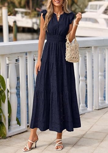 PRETTYGARDEN Women's Summer Eyelet Boho Maxi Dresses | V Neck, Elastic Waist, Cap Sleeve, Tiered Ruffle, A-Line, Floral Lace Cutout, Wedding Guest Dress, Beach Vacation Clothes thumbnail 3