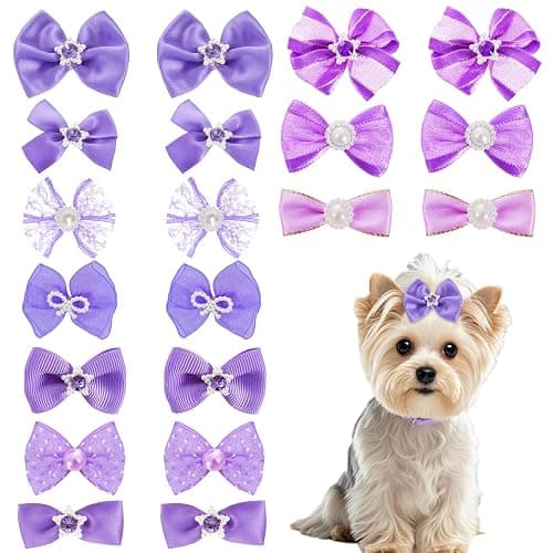 20 PCS Cute Dog Hair Bows with Rubber Bands Elastic Handmade Mix Style Lace Rhinestone Pearls for Furry Puppy Cat Pet Girl, Purple - Image 1