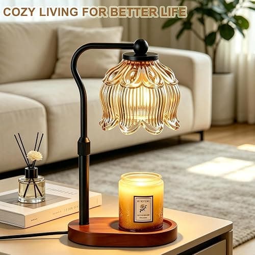 Briever Flower Candle Warmer Lamp, Adjustable Height Electric Candle Lamp with Timer & Dimmer, Wooden Base Wax Warmer, Christmas Birthday Housewarming Gifts for Women Mom, Walnut-Champagne thumbnail 6