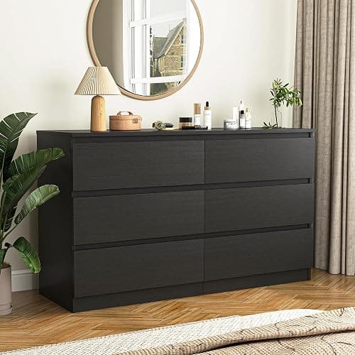 Vibe & Dine Double Dresser 6 Drawer, Modern Chest of Drawers with Wide Storage for Closet, Bedroom, Living Room, Black thumbnail 4