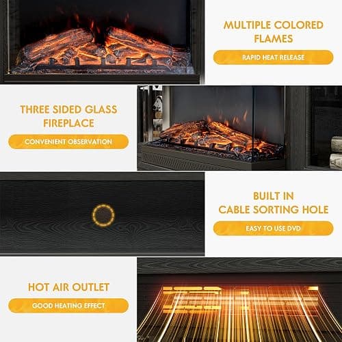 JUMMICO Fireplace TV Stand for TVs up to 65'', 3-Sided Glass Media Entertainment Center Console Table with Cabniet Storage Adjustable Flame LED Color for Living Room (Black) thumbnail 4