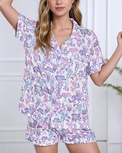 HMPEAIIY Womens Cute Monkey Pajamas Set Button Down Summer Loungewear PJs | 2PCS Preppy Top & Short Outfit, Short Sleeve, V Neck, Holiday Vacation Sleepwear, Beach, Christmas Thanksgiving New Year Gift thumbnail 5