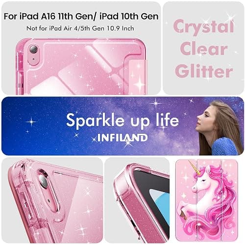 INFILAND Compatible with iPad A16 11th Generation 11 Inch 2025 Case, iPad Case 10th Generation 10.9 Inch, Glitter Cover with Sparkly Clear Back, Pencil Holder, for Kids Girls (Pink Unicorn Dream) thumbnail 8