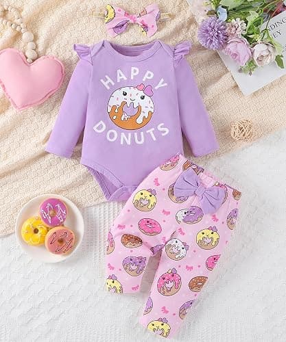 Fullfamous Baby Girl's 3pc Frill Long Sleeve Romper and Pant Set thumbnail 2