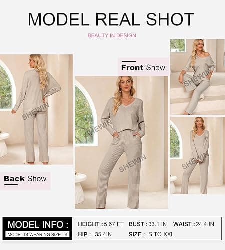 SHEWIN Women's Pajama Sets Long Sleeve Short Sleeve 2 Piece Lounge Sets Ribbed Knit Sweater Sleepwear thumbnail 4
