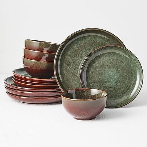 Pokini Stoneware Dinnerware Sets Service for 4, 12 pcs Reactive Glaze Plates and Bowls Sets, Handmade Ceramic Dish Set, Highly Chip and Crack Resistant Modern Plate Set, Brown Green - Brown Green - Service for 4-12Pcs