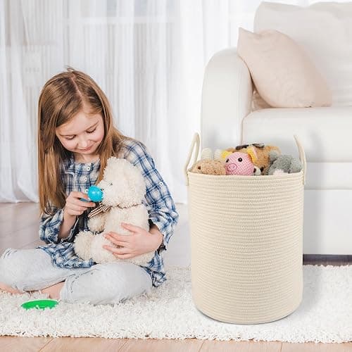 XUANGUO Cotton Rope Laundry Basket Hamper for Clothes Woven Storage Basket for Living Room Bedroom Boho Tall Rope Baskets for Blanket Toys Pillow Towels Baby Nursery Hamper Bin beige thumbnail 5