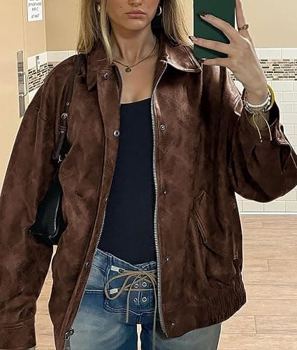PRETTYGARDEN Women's Faux Leather Motorcycle Jacket Trendy Fall Spring Clothes Oversized Zip Up Winter Coat Outerwear thumbnail 6