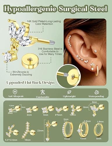 ORAZIO 16 Gauge Cartilage Earrings for Women Flat Back Hypoallergenic Surgical Steel Small Flatback Stud Hoop Cartilage Earring Stack Set Daith Conch Tragus Helix Piercing Jewelry Single PC thumbnail 5