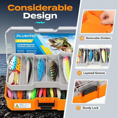 PLUSINNO Fishing Tackle Box with Tackle Included, 373PCS Fishing Lures Kit with Removable Tray, Fishing Gear with Pliers, Weights, Hooks, Accessories, Fishing Tackle Lure Kit Gifts for Men Bass Trout thumbnail 5