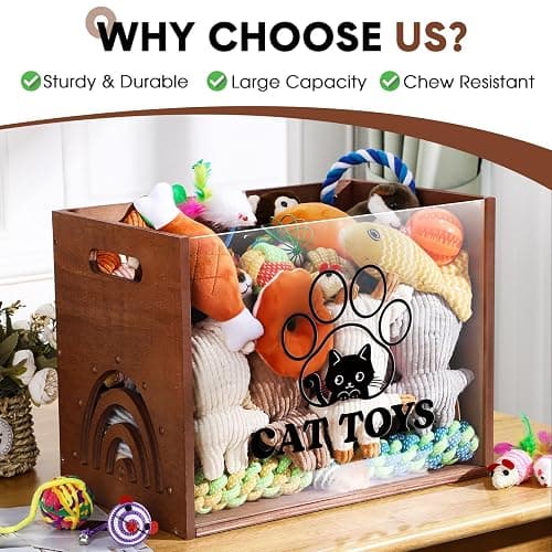 Beeveer Large Cat Toy Basket Cat Toy Box Wooden Storage Bin with Acrylic Board Storage Box for Puppy Toys Pet Food and Accessories Organizer Holder Basket for Living Room Area(Brown, Cat) thumbnail 5