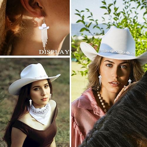 JIANGLAI Western Cowgirl Hat for Women Men, Fedora Wide Brim Rhinestone Cowboy Hat with Bandana and Cowgirl Tassels Earrings thumbnail 6