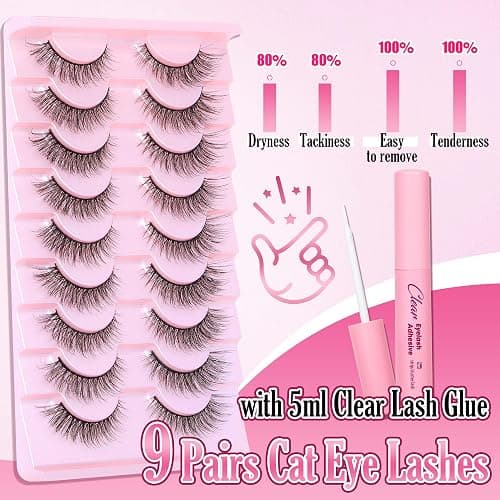 Natural Lashes Kit with Lash Glue 3D False Eyelashes Wispy 12mm Short Cat-Eye Lashes with 5ML Clear Eyelash Glue 9 Pairs Fake Eyelashes with Glue by TOOCHUNAG thumbnail 2