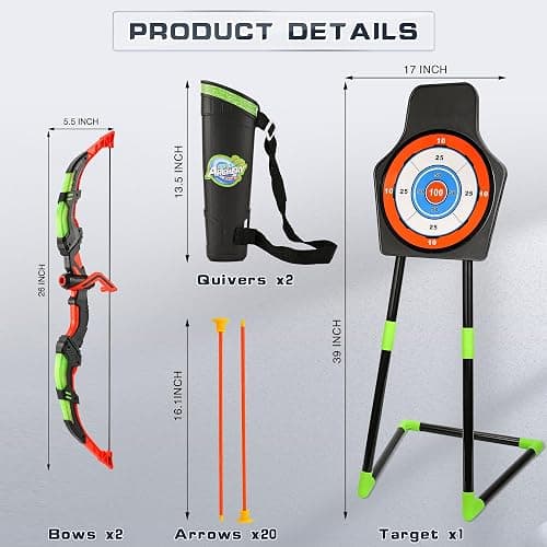 Bow and Arrow Set for Kids, 2-Pack LED Light Up Archery Set with 20 Suction Cup Arrows, Indoor and Outdoor Toy for Boys Girls Age 4-8 8-12 with Standing Target&2 Quivers, Birthday Gift 3-12 Years Old thumbnail 2