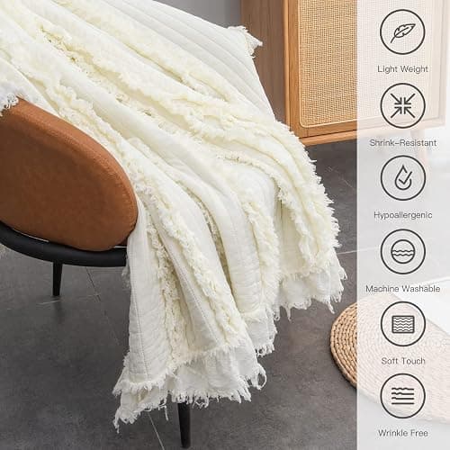 Ultra Soft Pre-Washed Quilted Boho Cream Twin Size Blankets for Bed, Ruffle Fringed Decorative Throw, Stone Washed Chic Rustic Blanket for Sofa Couch Bed, 60"*80" thumbnail 5