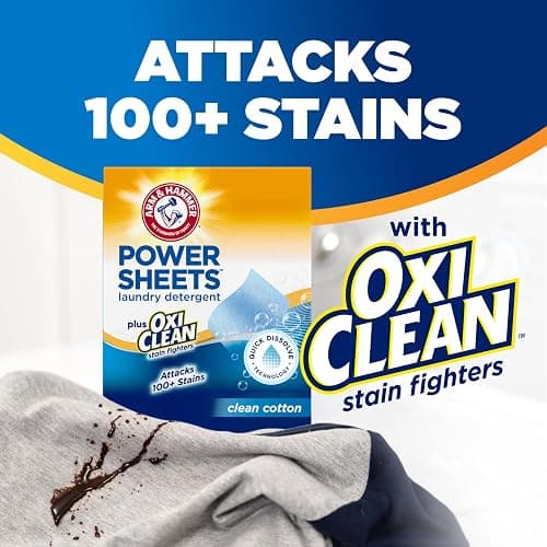 ARM & HAMMER Plus OxiClean Power Sheets Laundry Detergent, 52 Count | Attacks 100+ Stains, Effective Cleaning Power Sheet, 104 Medium Loads, Clean Cotton Scent thumbnail 4