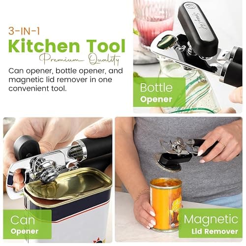 Spring Chef Stainless Steel Can Opener - Manual with Soft Grip Handles, Easy Turn, Heavy Duty Hand Can Openers for Seniors with Smooth Edge - Magnetic Lid Remover - Black thumbnail 4
