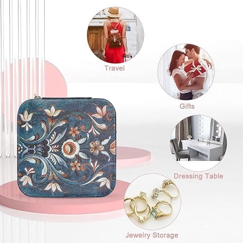 Artinhand Norwegian Rosemaling Folk Style Small Travel Jewelry Case with Mirror Portable Black PU Leather Box Earrings Necklaces Rings Bracelets Storage Organizer Gift for Women And Girls thumbnail 7
