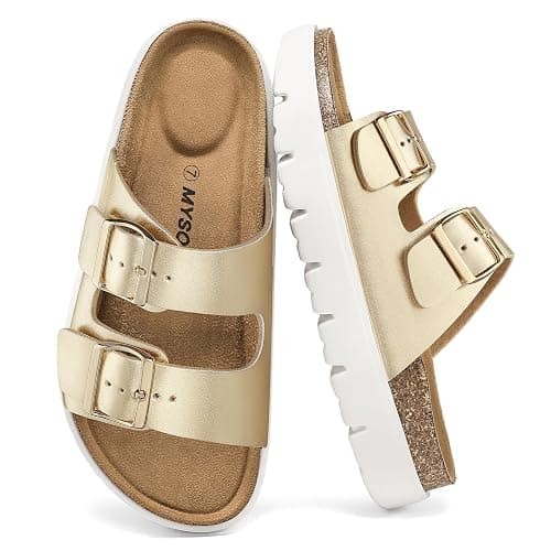 mysoft Women's Comfortable Arch Support Footbed Cork Wedge Sandals - Slip-On Platform Summer Slides with Adjustable Buckle thumbnail 3