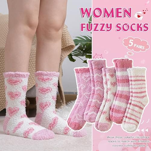 WEVIAS Womens Fuzzy Socks Fluffy Cozy Heart Comfy Winter Thick Warm Pink Plush Fleece Sleep Slipper Socks 5 Pairs thumbnail 4