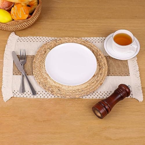 Zology Handmade Boho Placemats Set of 6 - Natural Cotton Burlap and Water Straw Woven Combination Table Mats, Macrame Décor and Farmhouse Style Placemats, for Dining Table Kitchen thumbnail 7