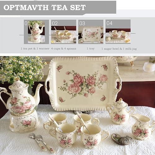 OptmAVth Ceramic Tea Set, 4 Cups and Spoons, One Sugar Bowl, One Milk Kettle, One Storage and Removeable Tray, for Home Party or Wedding Service, Pink Rose thumbnail 2