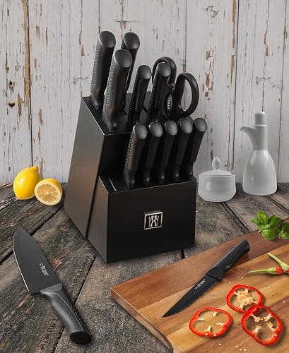 Knife Set, 15 Pcs Kitchen Knife Set with Block Self Sharpening, Dishwasher Safe, 6 Steak Knives, Anti-slip handle, Black thumbnail 2