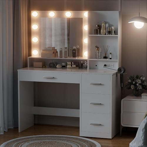 YESHOMY Vanity Desk with Mirror, Power Outlet and 10 Lights, Makeup Table with 4 Drawers, 3 Color Modes Available for Bedroom, Pure White, 39x15.75x59.41 inch thumbnail 4