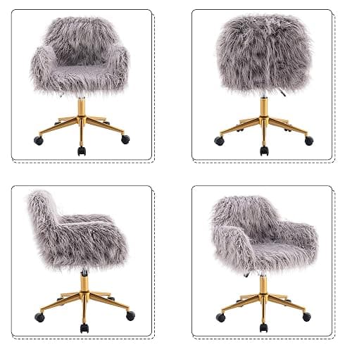 KCC Fluffy Office Desk Chair, Faux Fur Modern Swivel Armchair with Wheels, Soft Comfy Fuzzy Elegant Accent Makeup Vanity Chairs for Women Girls, Home Living Dressing Room Bedroom, Gray thumbnail 6