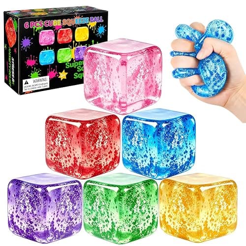 6PCS Stress Cube Squishy Stress Balls,Squishy Cube Filled with Glitter,(2.17in) Ice Cube Stress Balls for Adults Kids,Sensory Fidget Toys for Anxiety Stress Relief,Party Favors - Image 1