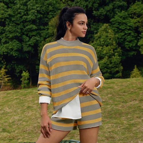 LAMISSCHE Womens Oversized Lounge Sets 2 Piece Outfits Striped Matching Pajama Set Long Sleeve Sweater Set thumbnail 6