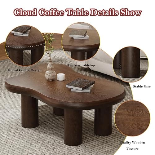 Asymmetric Cloud-shape Coffee Table (C Brown 46in) | Stylish Irregular Home Decor Center Table with Sturdy & Stable Cylindrical Support Legs thumbnail 3