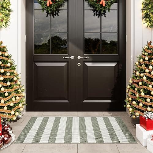 OJIA Green and White Striped Rug 24"x51" Washable Front Door Mat Hand Woven Entry Rug Cotton Indoor Outdoor Rug Small Checkered Rugs for Front Porch Kitchen Entryway Patio Bathroom - 2'x4.3' - Green/Beige thumbnail 2