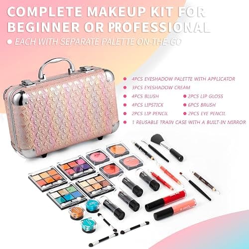 Hot Sugar All In One Makeup Set for Teen Girls - Full Makeup Kit for Beginners With Eye Shadow Palette, Blush, Lip Gloss, Brush, Mirror (Pink Heart) thumbnail 3