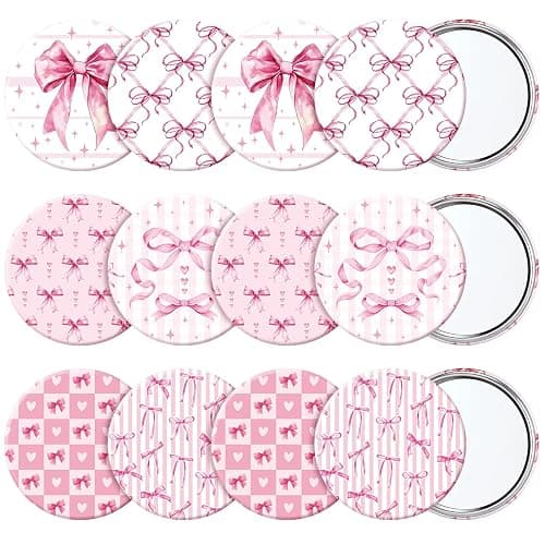 Geelin 12 Pcs Pink Compact Mirror Bulk Pink Bow Party Favors Coquette Aesthetic Mini Mirror for Purse Pocket Women Girl Birthday Valentines Day Gift Wedding Bridal Shower - Image 1