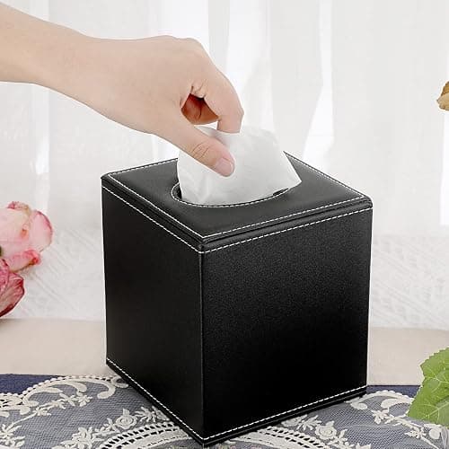Sumnacon Square Leather Tissue Box Cover - Stylish Cube Tissue Box Holder with Magnetic Bottom, Decorative PU Tissue Box for Vanity Dresser Night Stand Table Countertop Home Office Car, Black - Black thumbnail 2