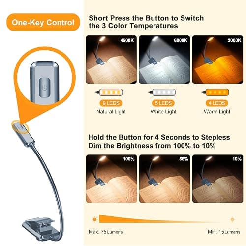Gritin 9 LED Rechargeable Book Light for Reading in Bed - Eye Caring 3 Color Temperatures,Stepless Dimming Brightness,80 Hrs Runtime Small Lightweight Clip On Book Reading Light-Pacific Blue thumbnail 3