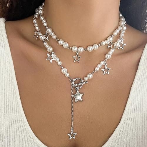 LAKIYOYO Silver Star Necklace Star Y2k Layered Necklace Chunky Stack Toggle Chain Summer Beach Jewelry with Silver Chains for Women thumbnail 2