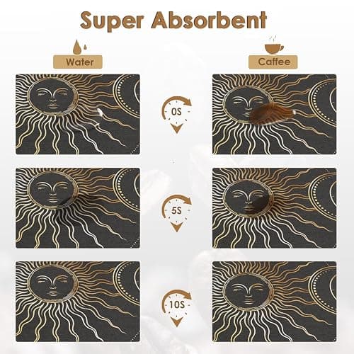 Arttown Coffee Mat for Countertops, Black Gold Sun Moon Boho Dish Drying Mat 2 Pcs for Kitchen Bar Accessories, Fit Under Coffee Maker Espresso Machine Dish Rack Hide Stain Rubber 12x19in thumbnail 5
