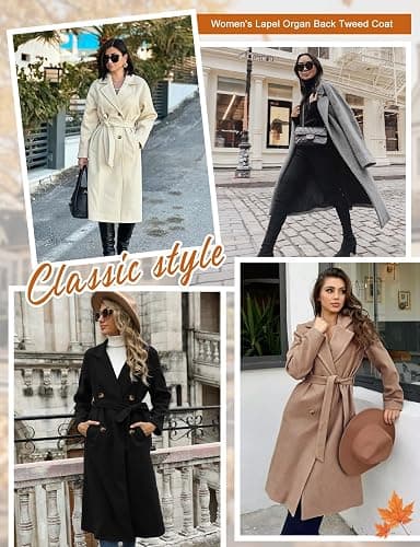 AFFA Women's Double Breasted Trench Coat Elegant Lapel Collar Jacket Winter Fall Slim Long Outerwear with Belt Pockets thumbnail 3