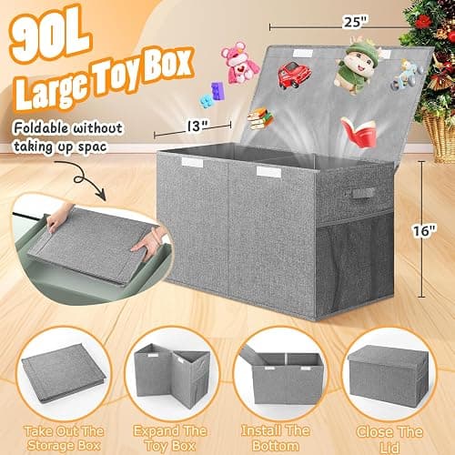 Rocamdo Large Toy Storage Box with Lid Divider, Sturdy Collapsible Toys Organizer Chest Kids Storage Bins Boxes Baskets for Boys, Girls, Nursery, Bedroom, Living Room, Playroom, 25"x13"x16", Gray thumbnail 2