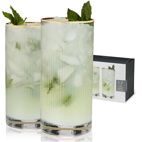 Viski Meridian Highball Glasses Set of 2 - Vintage Drinking Glass, Art Deco Ripple Glassware Design, 15oz Gold Rimmed Collins Glasses Set - Image 1