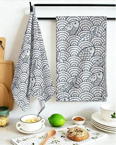Miss Adola 370GSM Cotton Waffle Kitchen Towels, Fish | Pure Cotton, Sustainable, Waffle Weave, Terry Cloth, Highly Absorbent, Decorative, 16"x25", with Hanging Loop thumbnail 5