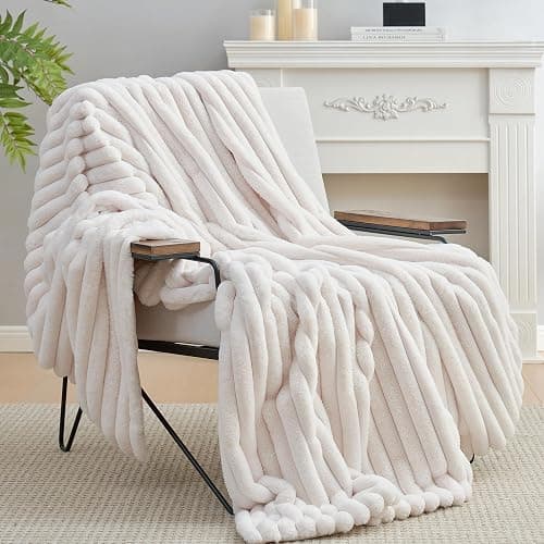 Amélie Home Faux Fur Throw Blanket for Couch, Cozy Fuzzy Fluffy Fur Luxurious Soft Striped Plush Gift Blankets for Family Sofa Chair Bedroom, 55"x70", Ivory thumbnail 9