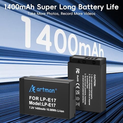 Artman LP-E17 Battery 1400mAh (2-Pack) and 1.5H 2-Slot LCD USB-C Fast Charger for Canon EOS R100 R50 RP R10 R8, Rebel T8i T7i T6i T6s SL2 SL3, M3 M5 M6, 77D 200D 250D 750D Camera,Smart Percent Display thumbnail 2
