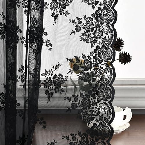 Kotile Black Lace Curtains 84 Inches Long - Vintage Floral Black Sheer Curtains 2 Panels, Gothic Sheer Lace Curtains for Living Room, Rod Pocket Privacy Sheer Window Curtain, 52 x 84 Inch thumbnail 5