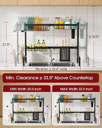 Sakugi Over The Sink Dish Drying Rack - Adjustable 2 Tier Large Capacity Stainless Steel Drainer with Cutlery & Utensil Holders, Kitchen Storage & Organization, 30"-33.9" L x 11" W x 21.5" H, Black thumbnail 4