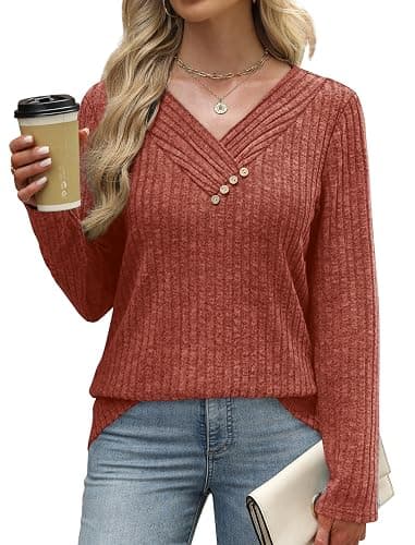 SAMPEEL Sweaters for Women Long Sleeve Shirts V Neck Tops with Buttons Fall Fashion Outfits Winter Clothing 2025 thumbnail 3