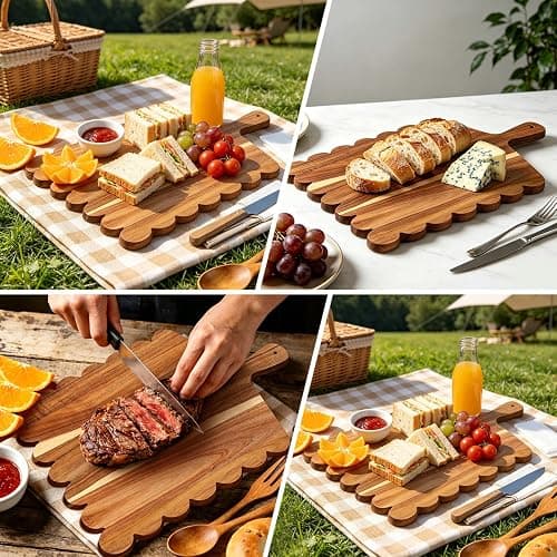 Wood Scalloped Cutting Boards Set, Decorative Wooden Charcuterie Boards with Handle for Cheese Pizza Meat Fruit Bread Baking, Cottagecore Farmhouse Kitchen Serving Trays Decor thumbnail 6